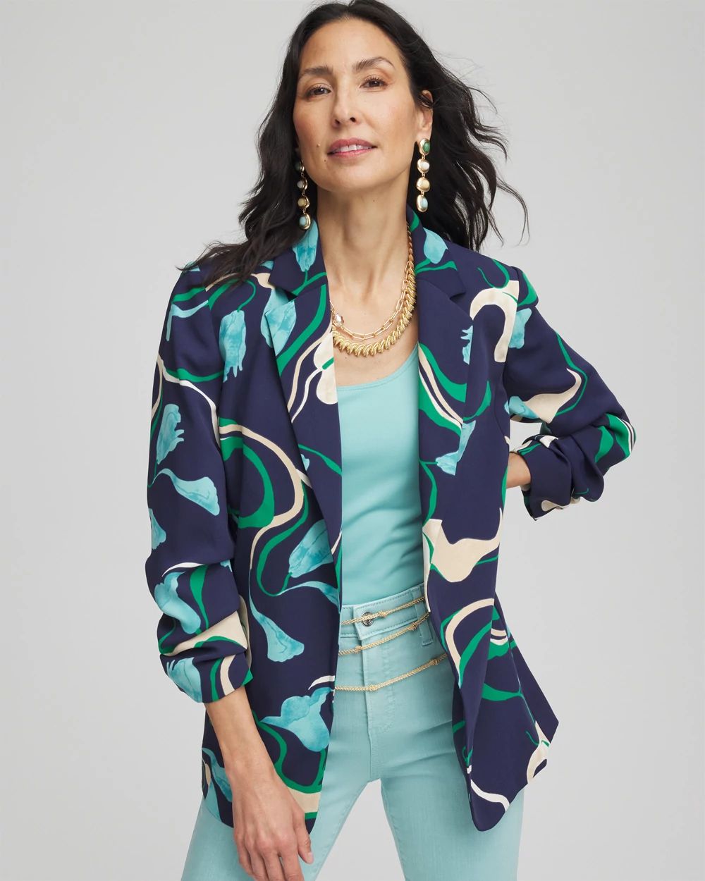 Standards Unique Print Pocketed Ruched Sleeve Casual Blazer